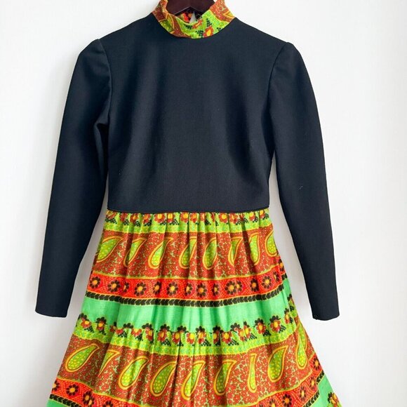 Vintage Neon Green Ornage Paisley Print Long  Sleeve Maxi Dress S - Picture 5 of 6